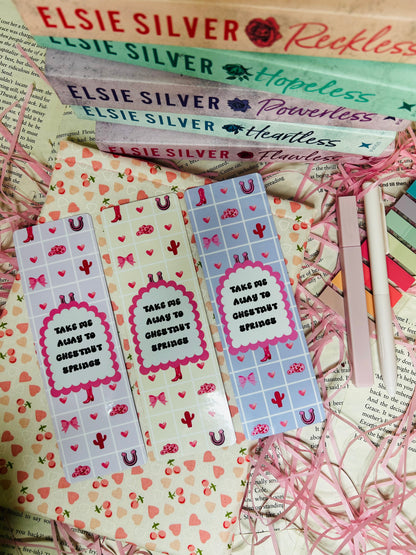 "Three decorative bookmarks featuring the phrase 'Take Me Away to Chestnut Springs,' surrounded by Western-themed patterns of cowboy boots, cacti, hearts, and horseshoes. 