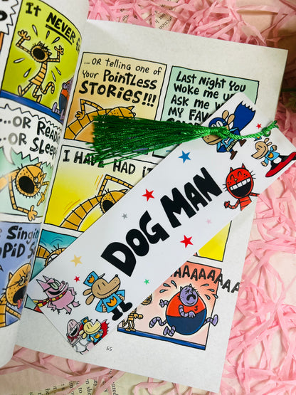 children's dog man bookmark featuring the loveable character's from the children comic book