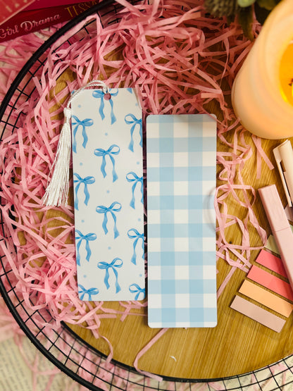 delicate blue bow bookmarks, double sided with a blue checked background