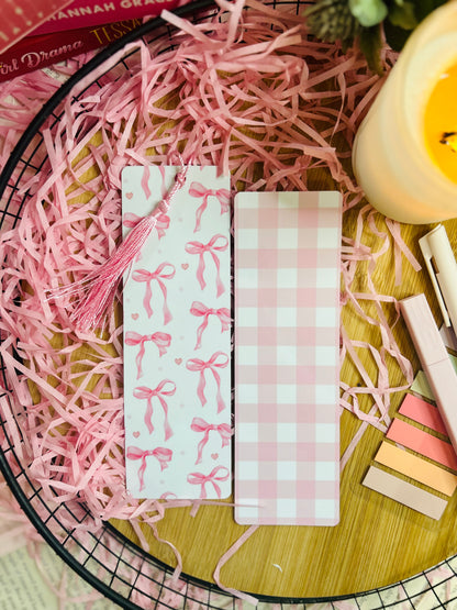 delicate pink bow bookmarks, double sided with a pink checked background