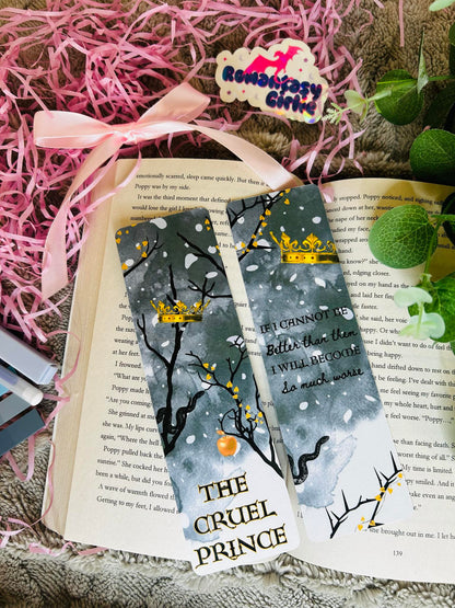 The Cruel Prince bookmarks featuring dark fae imagery like crowns, swords, and thorns – perfect for fantasy readers and Folk of the Air fans.