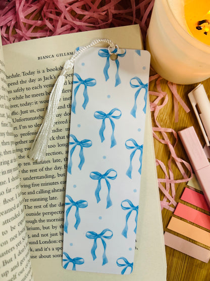 delicate blue bow bookmarks, double sided with a blue checked background
