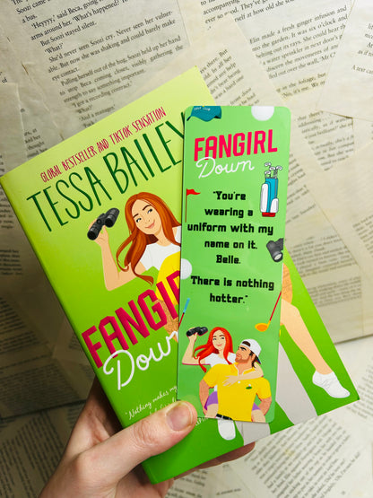 Green 'Fan Girl Down' inspired bookmark, perfect for fans of Tessa Bailey’s steamy romances and swoon-worthy characters, with golf ball, caddy, hat and binoculars printed on it.
