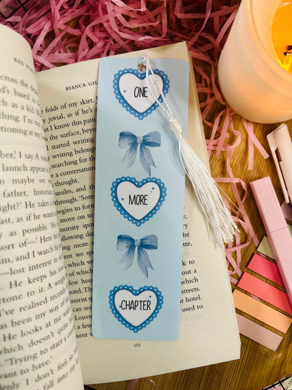 blue girly bookmark with hearts and bows