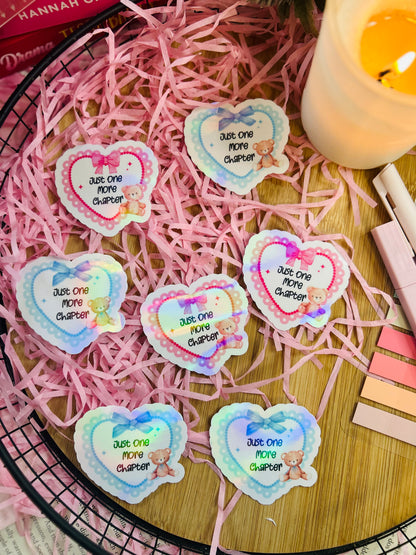 Holographic pink and blue love heart sticker with teddy bear and bows