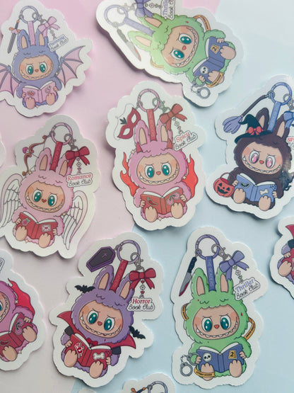 Labubu holographic stickers – set of 6 collectible vinyl decals with shiny holographic finish, packaged with matching Kindle inserts available.