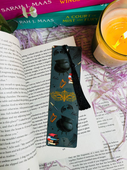 Bookmark inspired by Nesta from ACOTAR with winding stars, harp, masquerade mask, and wine – symbolizing her strength and transformation.