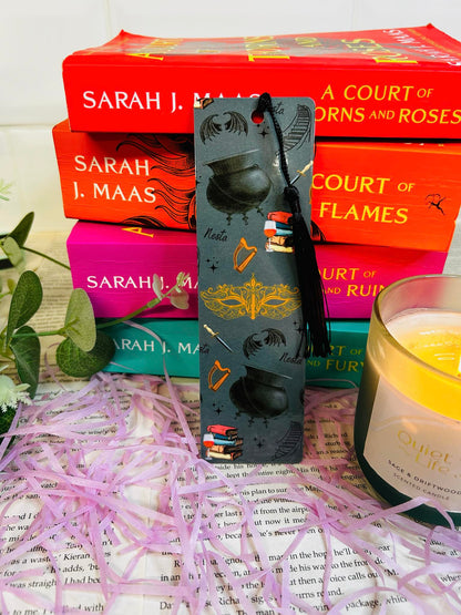Bookmark inspired by Nesta from ACOTAR with winding stars, harp, masquerade mask, and wine – symbolizing her strength and transformation.