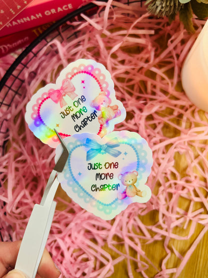 Holographic pink and blue love heart sticker with teddy bear and bows
