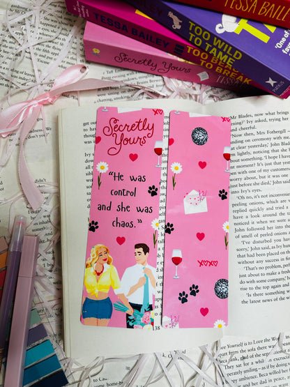 Pink 'Secretly Yours' inspired bookmark, perfect for Tessa Bailey fans who adore her steamy romances and swoon-worthy characters.