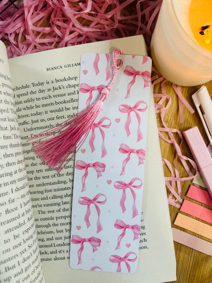 delicate pink bow bookmarks, double sided with a pink checked background