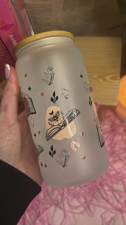 Frosted Glass celestial Bookish Cup with Glass Straw
