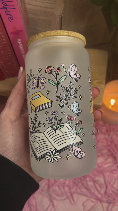 Frosted booked up Glass Cup with Glass Straw