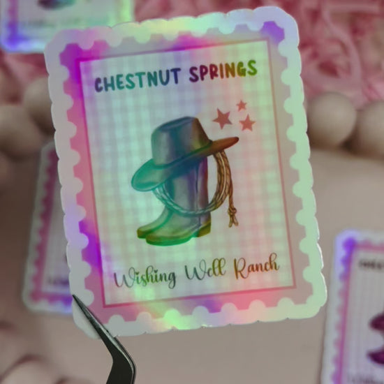 Holographic stamp-style sticker featuring a cowboy hat, lasso, and boots with the text "Chestnut Springs - Wishing Well Ranch" on a pastel gingham background.