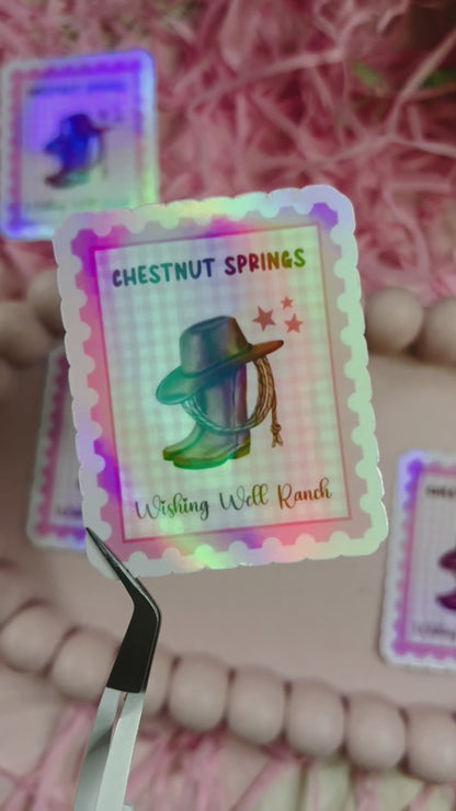 Holographic stamp-style sticker featuring a cowboy hat, lasso, and boots with the text "Chestnut Springs - Wishing Well Ranch" on a pastel gingham background.