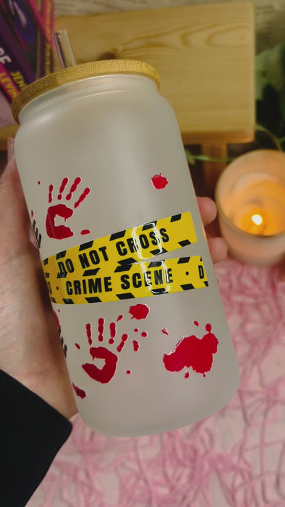 Frosted glass true crime bookish cup with straw