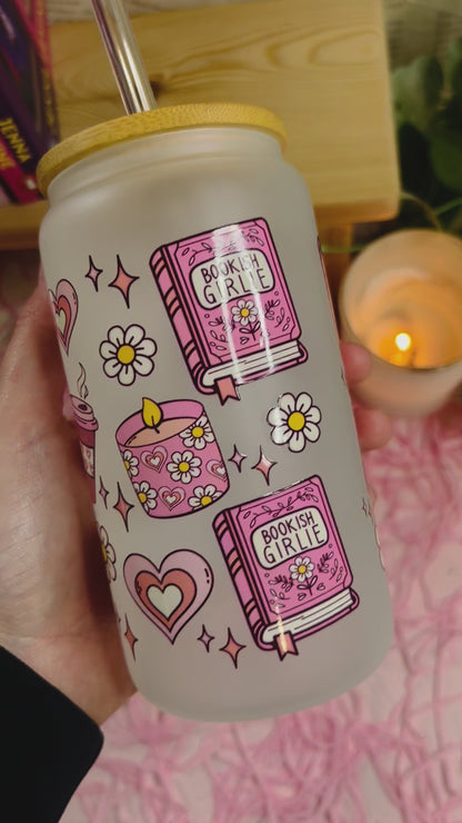 Frosted Glass Bookish pink Cup with Glass Straw