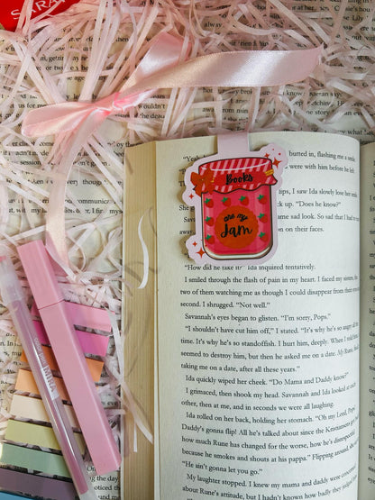 Colourful magnetic bookmark featuring a jar design with the text 'Books are my Jam,'