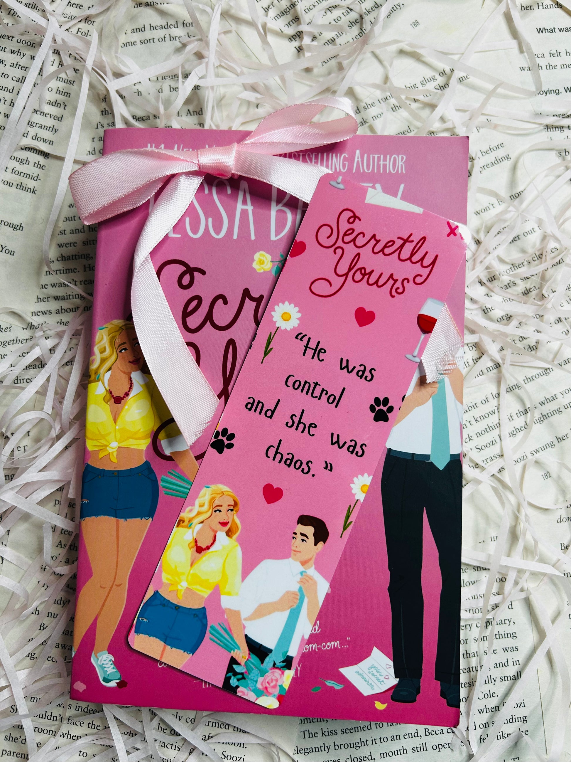 Pink 'Secretly Yours' inspired bookmark, perfect for Tessa Bailey fans who adore her steamy romances and swoon-worthy characters.
