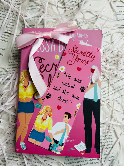 Pink 'Secretly Yours' inspired bookmark, perfect for Tessa Bailey fans who adore her steamy romances and swoon-worthy characters.