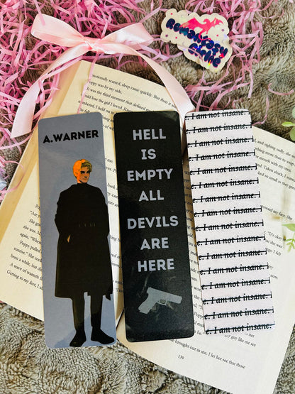 Shatter Me bookmarks with quotes: Aaron Warner Himself, I Am Not Insane, and Hell Is Empty – inspired by the intense world of Tahereh Mafi’s series.