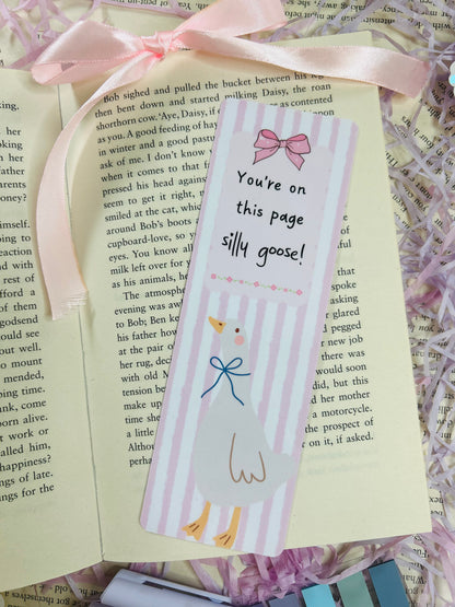 pink silly goose bookmark, with a cute goose and bow design