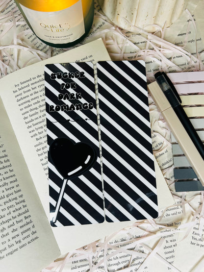 black and white striped bookmark, dark romance design with lollypop sweet