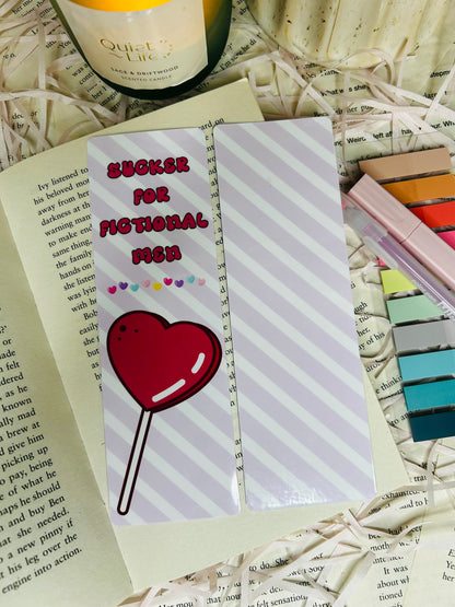 pink and white sucker for fictional men lollypop sweet bookmark