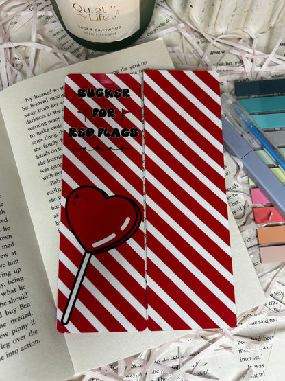 red and white sucker for red flags stripey bookmark