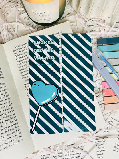 sucker for the villain bookmark, white and blue stripey design