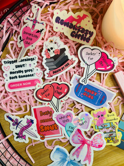 large selection of bookish sticker designs