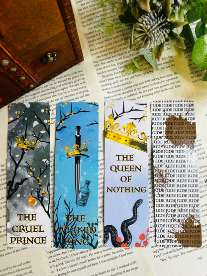 The Cruel Prince bookmarks featuring dark fae imagery like crowns, swords, and thorns – perfect for fantasy readers and Folk of the Air fans.