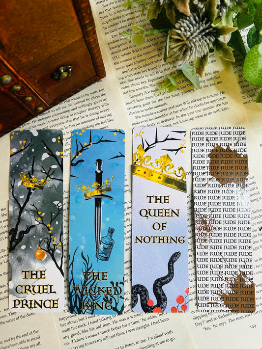 The Cruel Prince bookmarks featuring dark fae imagery like crowns, swords, and thorns – perfect for fantasy readers and Folk of the Air fans.