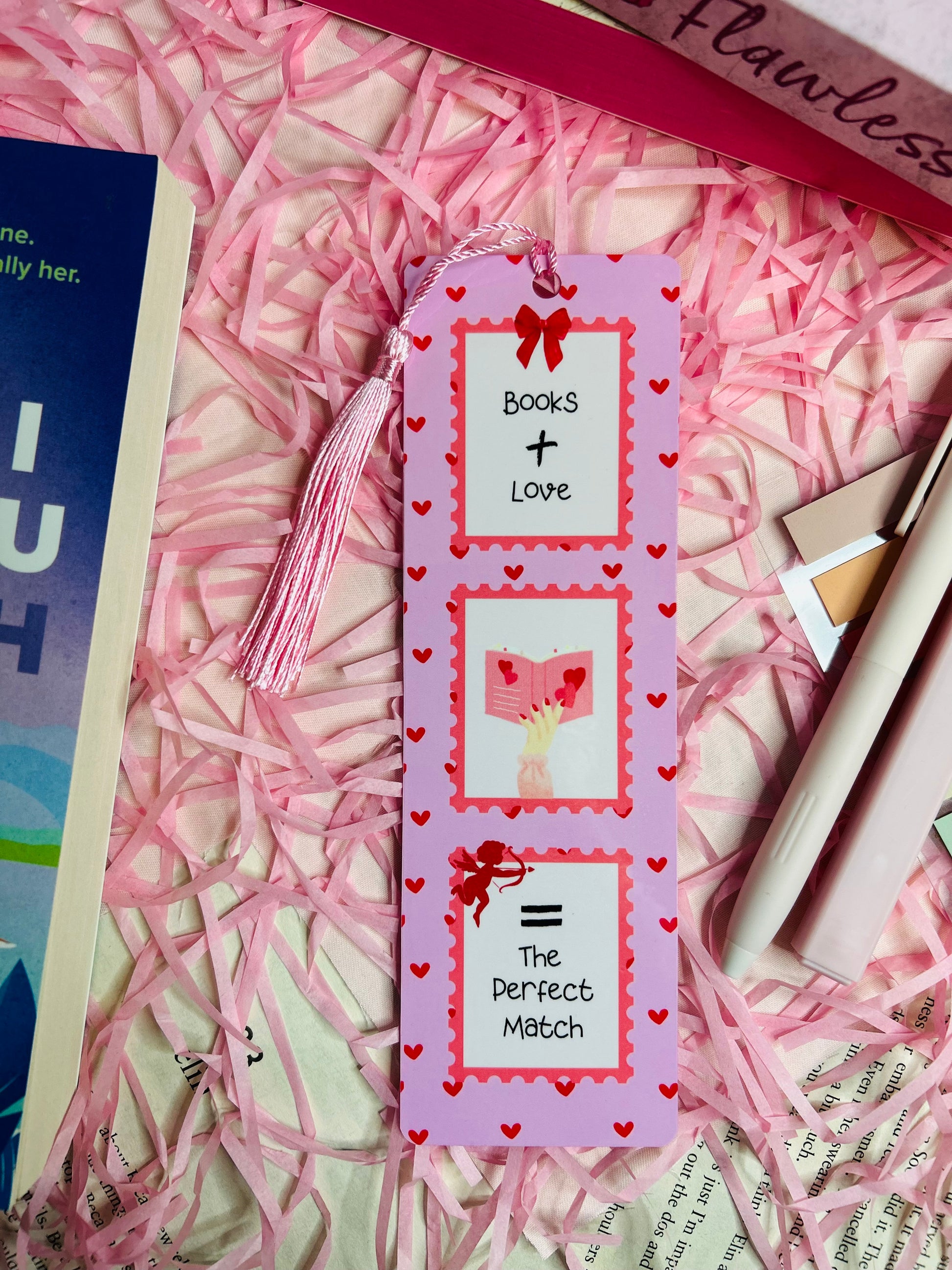 Pink Valentine romance bookmark with tassel, featuring a heart design for a perfect gift for book lovers on Valentine's Day.